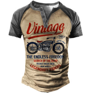 Koszulka Męska XyLenka Plus Size Henley Vintage Moto Racing – Krótki Rękaw